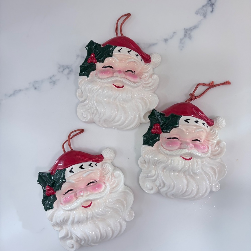 Vintage Kelvins Ceramic Santa Claus Wall Plaque Ornaments Set of 3 Japan MCM